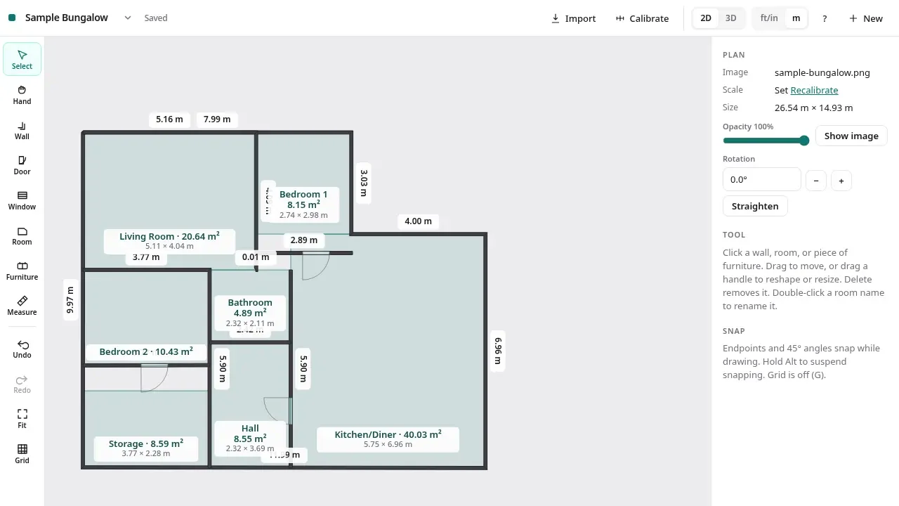 Screenshot of the floor planner in 2D view with the reference image hidden: the invented sample bungalow drawn with clean walls, and each room, including the Living Room, Bedrooms 1 and 2, Bathroom, Hall, Storage and Kitchen/Diner, labelled with its area and size.