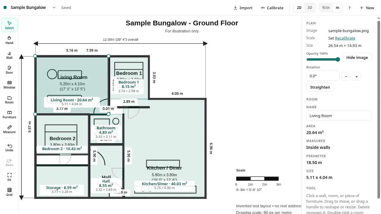 Screenshot of the floor planner in 2D view: an invented sample bungalow traced over its reference drawing. The scale is calibrated, each room is labelled with its measured area, and the Living Room is selected with handles at its corners while the side panel shows its area of 20.64 m², perimeter and size.