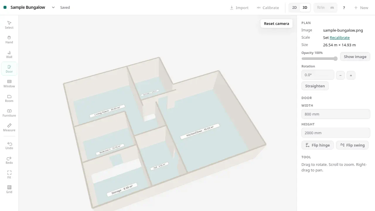 Screenshot of the floor planner's 3D view: a three-quarter view of the invented sample bungalow with light warm grey walls extruded from the plan and pale room floors labelled with their areas, with the tools in a toolbar down the left side.