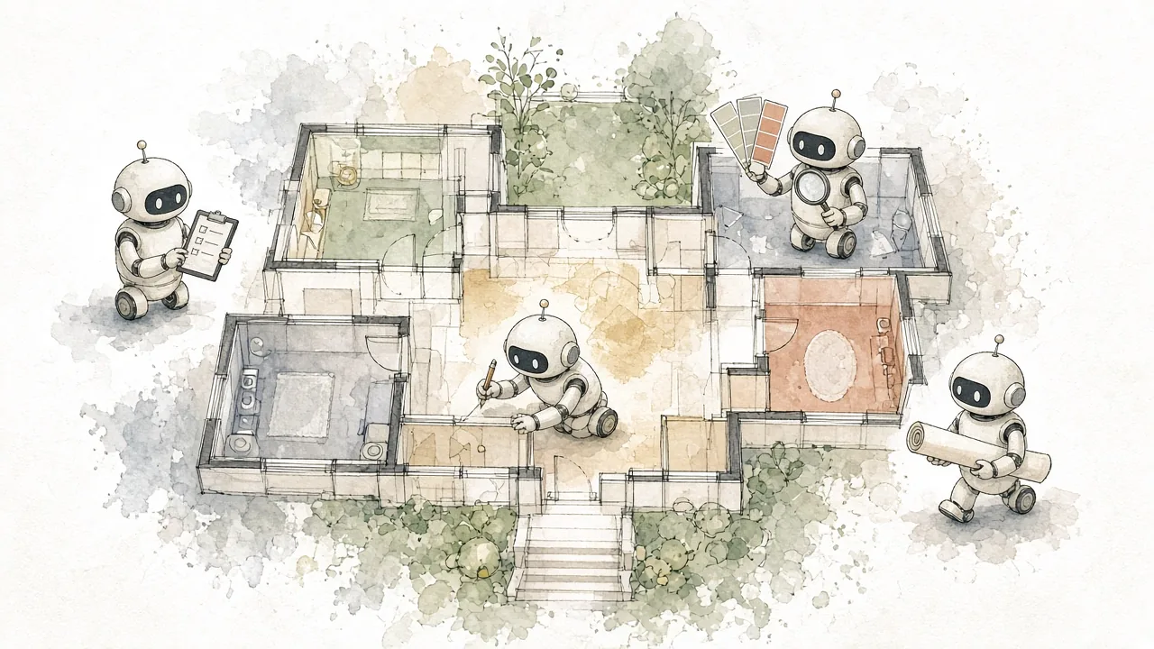 Watercolor of four small robots working together on a floor plan whose walls rise into 3D