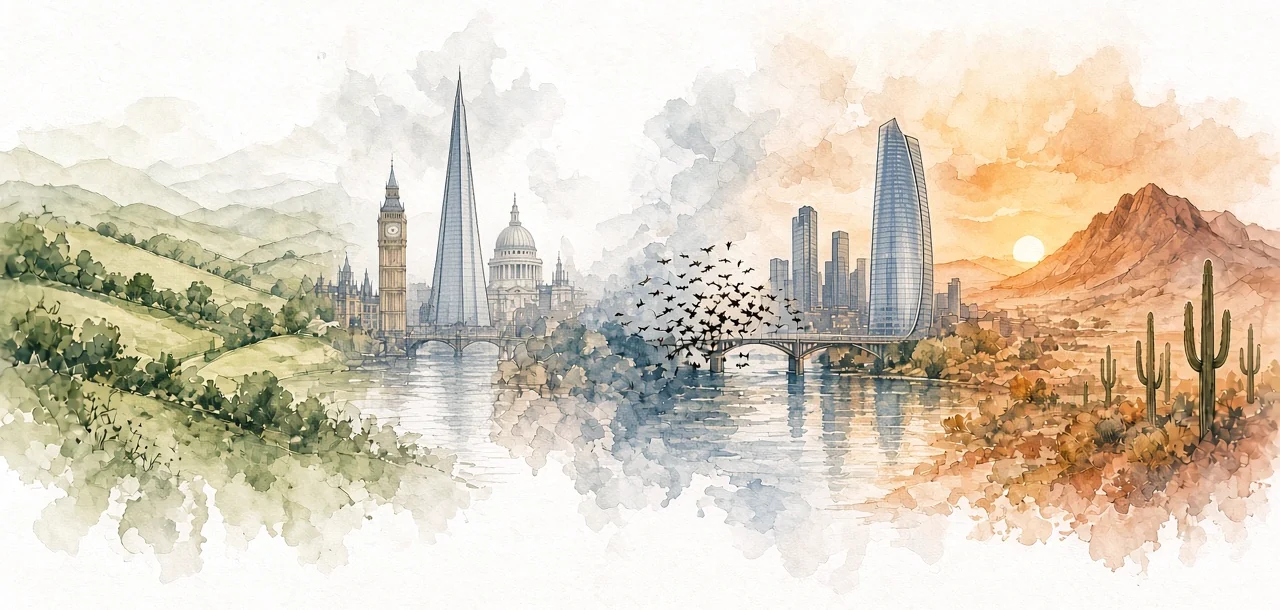 Watercolor blending English countryside, London, Austin and the Phoenix desert